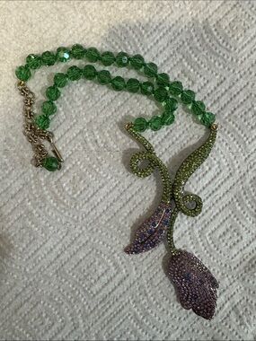 Green Crystal Bead Necklace with Green and Purple tulip flower Pendant